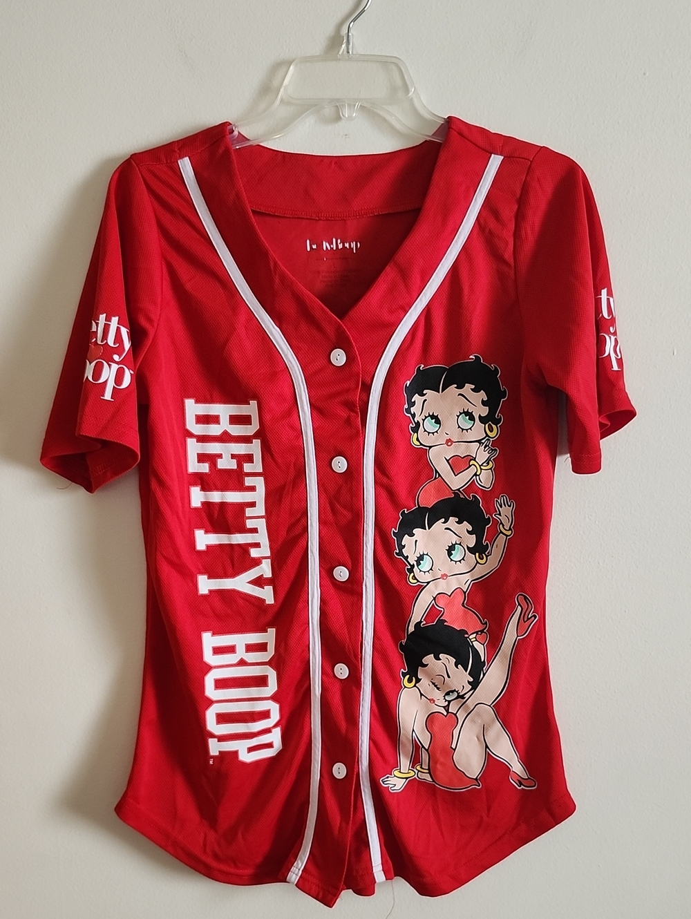 Betty Boop Red Button-Front Jersey with White Trim Snap Closure